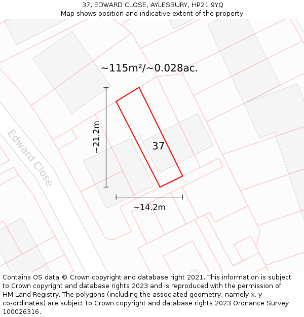 37, EDWARD CLOSE, AYLESBURY, HP21 9YQ: Plot and title map