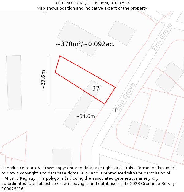 37, ELM GROVE, HORSHAM, RH13 5HX: Plot and title map