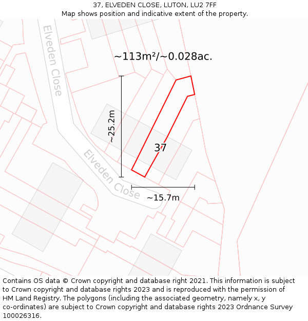 37, ELVEDEN CLOSE, LUTON, LU2 7FF: Plot and title map