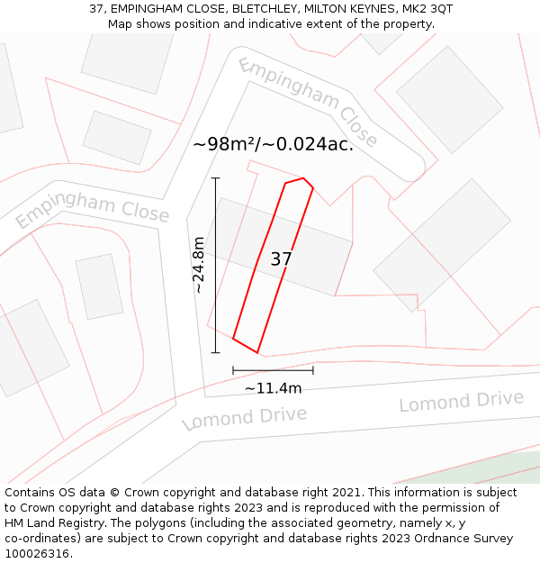 37, EMPINGHAM CLOSE, BLETCHLEY, MILTON KEYNES, MK2 3QT: Plot and title map