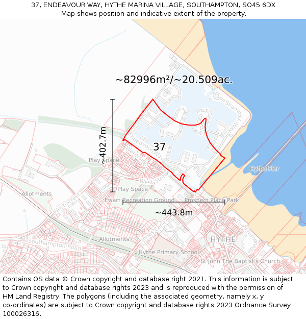 37, ENDEAVOUR WAY, HYTHE MARINA VILLAGE, SOUTHAMPTON, SO45 6DX: Plot and title map
