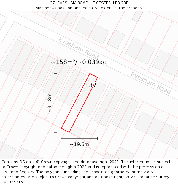 37, EVESHAM ROAD, LEICESTER, LE3 2BE: Plot and title map