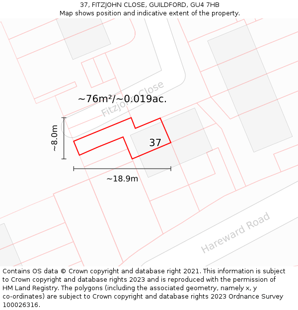 37, FITZJOHN CLOSE, GUILDFORD, GU4 7HB: Plot and title map