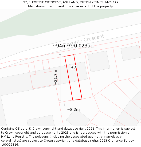 37, FLEXERNE CRESCENT, ASHLAND, MILTON KEYNES, MK6 4AP: Plot and title map