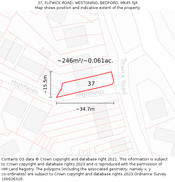 37, FLITWICK ROAD, WESTONING, BEDFORD, MK45 5JA: Plot and title map