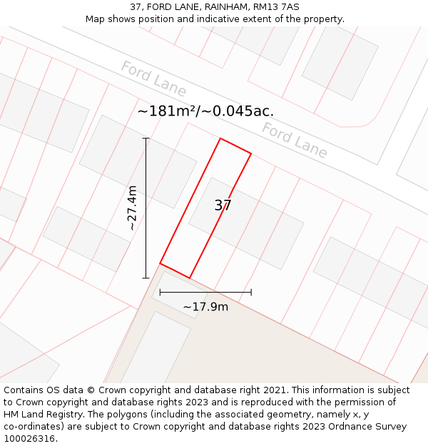 37, FORD LANE, RAINHAM, RM13 7AS: Plot and title map