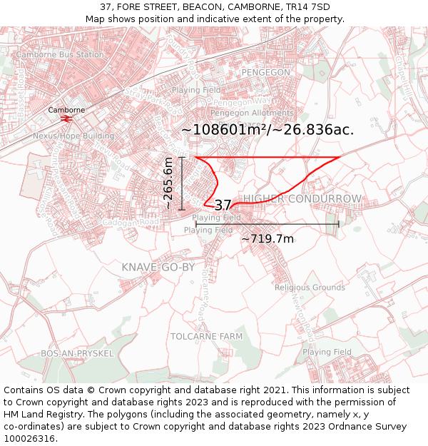 37, FORE STREET, BEACON, CAMBORNE, TR14 7SD: Plot and title map