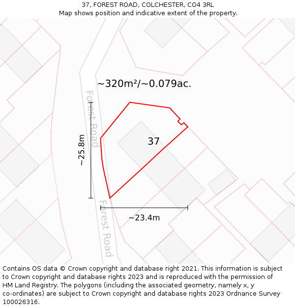 37, FOREST ROAD, COLCHESTER, CO4 3RL: Plot and title map