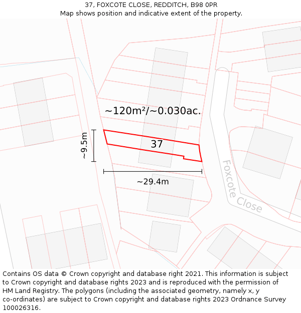 37, FOXCOTE CLOSE, REDDITCH, B98 0PR: Plot and title map