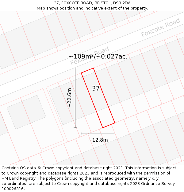 37, FOXCOTE ROAD, BRISTOL, BS3 2DA: Plot and title map