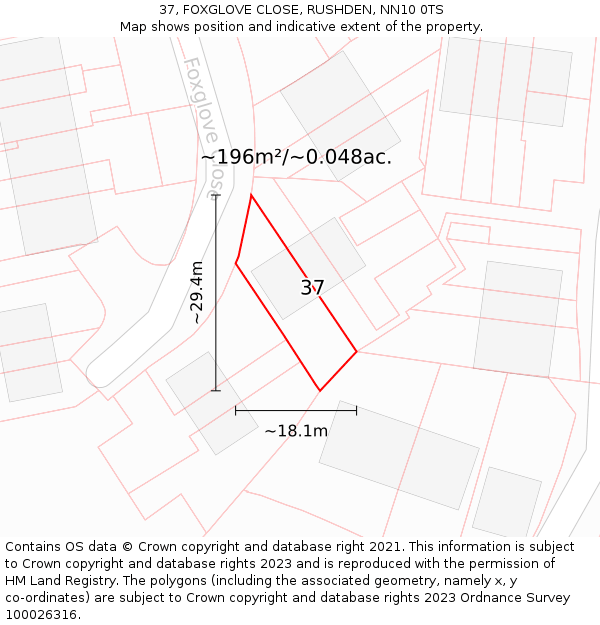 37, FOXGLOVE CLOSE, RUSHDEN, NN10 0TS: Plot and title map