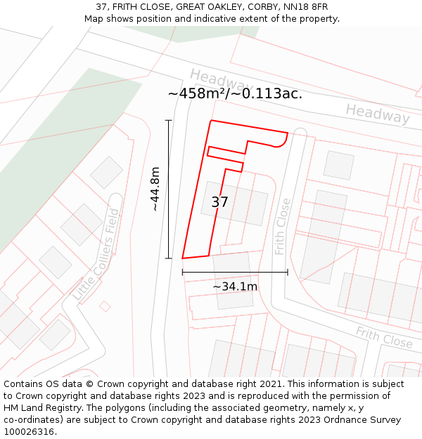 37, FRITH CLOSE, GREAT OAKLEY, CORBY, NN18 8FR: Plot and title map
