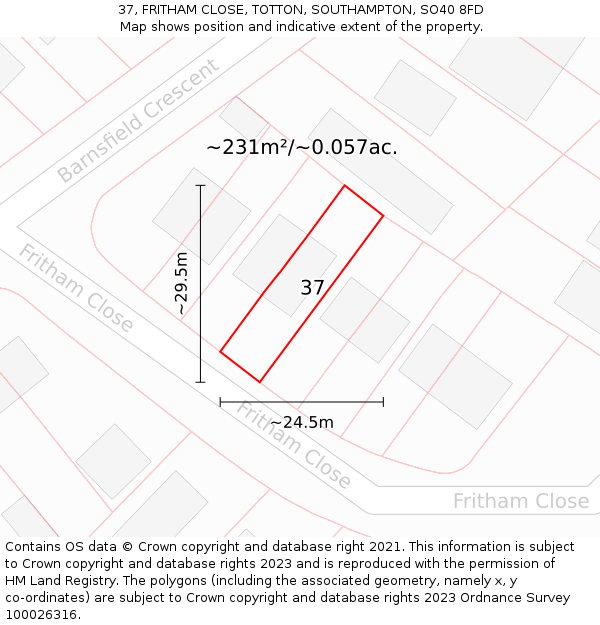 37, FRITHAM CLOSE, TOTTON, SOUTHAMPTON, SO40 8FD: Plot and title map