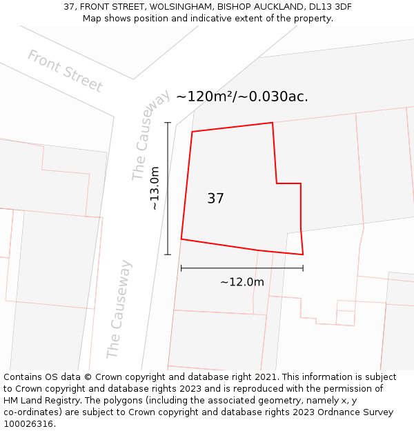 37, FRONT STREET, WOLSINGHAM, BISHOP AUCKLAND, DL13 3DF: Plot and title map