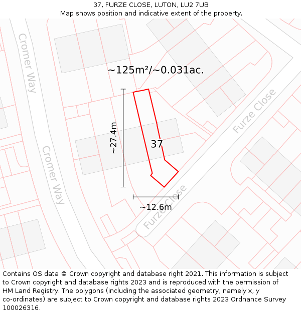 37, FURZE CLOSE, LUTON, LU2 7UB: Plot and title map