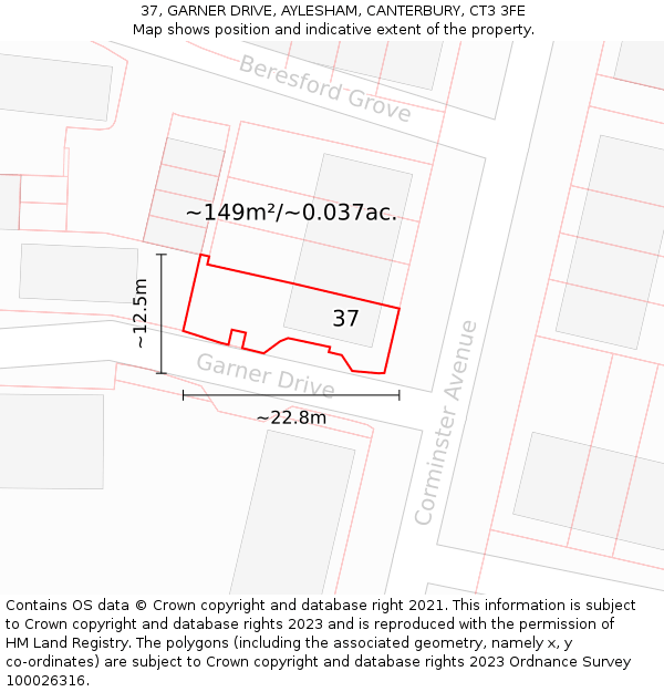 37, GARNER DRIVE, AYLESHAM, CANTERBURY, CT3 3FE: Plot and title map