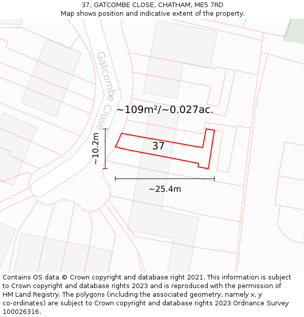 37, GATCOMBE CLOSE, CHATHAM, ME5 7RD: Plot and title map