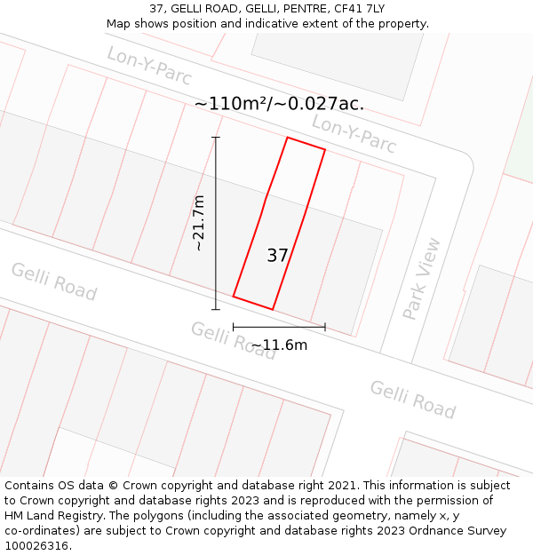 37, GELLI ROAD, GELLI, PENTRE, CF41 7LY: Plot and title map