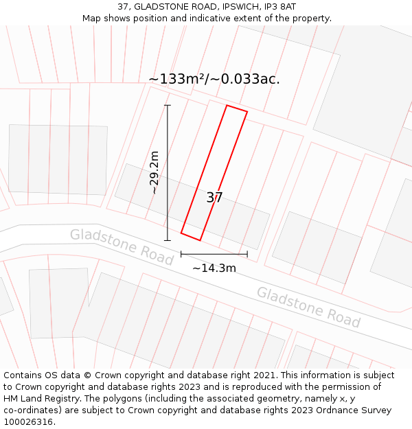 37, GLADSTONE ROAD, IPSWICH, IP3 8AT: Plot and title map