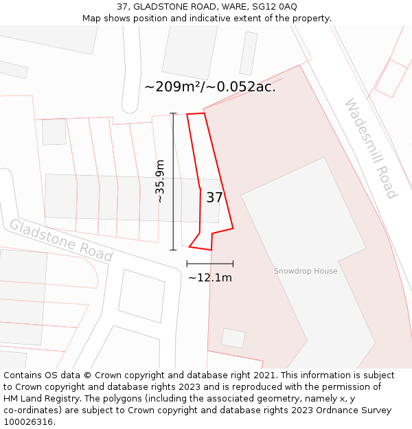 37, GLADSTONE ROAD, WARE, SG12 0AQ: Plot and title map