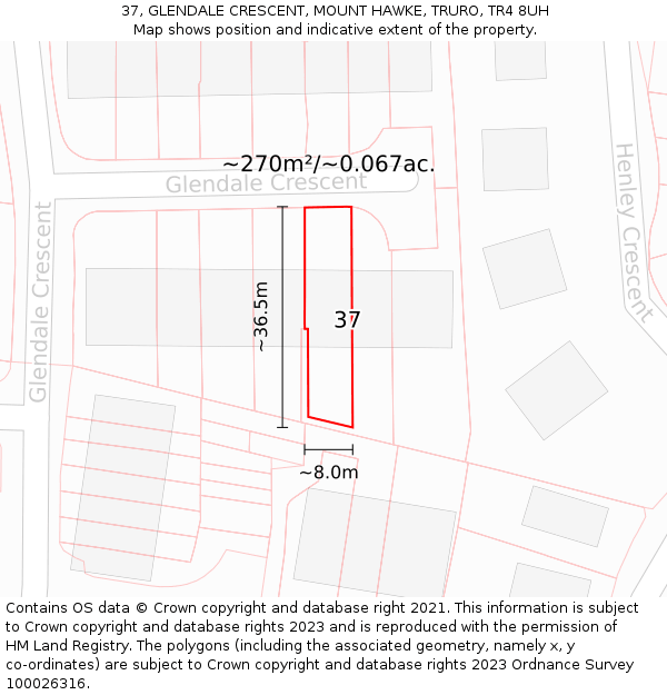 37, GLENDALE CRESCENT, MOUNT HAWKE, TRURO, TR4 8UH: Plot and title map
