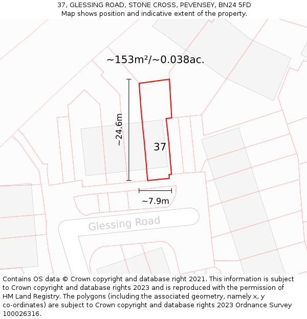 37, GLESSING ROAD, STONE CROSS, PEVENSEY, BN24 5FD: Plot and title map