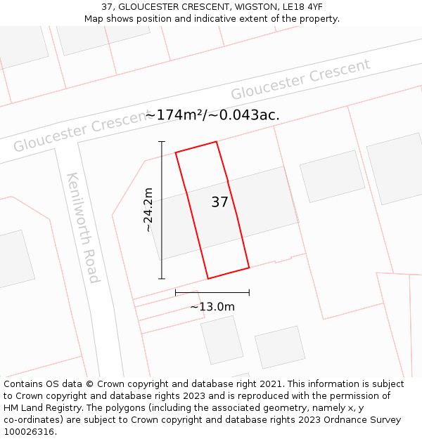 37, GLOUCESTER CRESCENT, WIGSTON, LE18 4YF: Plot and title map