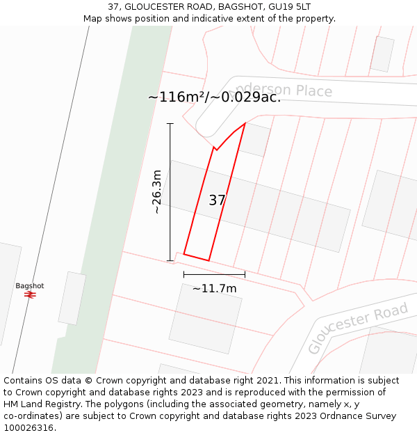37, GLOUCESTER ROAD, BAGSHOT, GU19 5LT: Plot and title map