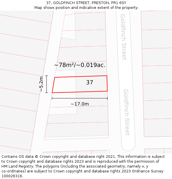 37, GOLDFINCH STREET, PRESTON, PR1 6SY: Plot and title map