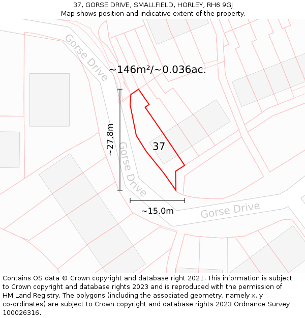 37, GORSE DRIVE, SMALLFIELD, HORLEY, RH6 9GJ: Plot and title map