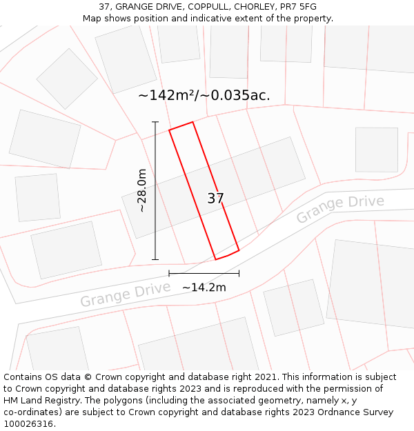 37, GRANGE DRIVE, COPPULL, CHORLEY, PR7 5FG: Plot and title map