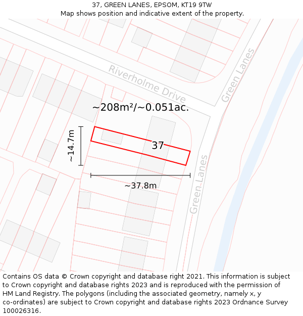 37, GREEN LANES, EPSOM, KT19 9TW: Plot and title map