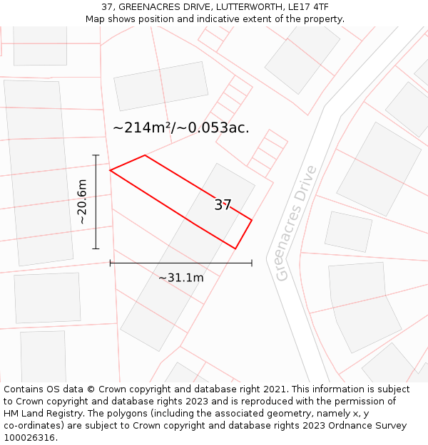 37, GREENACRES DRIVE, LUTTERWORTH, LE17 4TF: Plot and title map