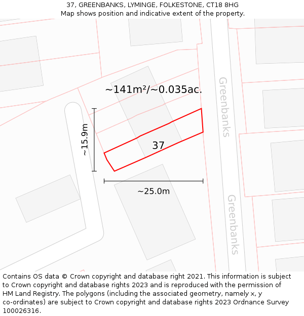 37, GREENBANKS, LYMINGE, FOLKESTONE, CT18 8HG: Plot and title map
