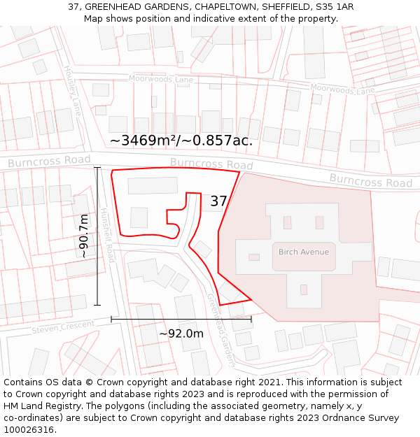 37, GREENHEAD GARDENS, CHAPELTOWN, SHEFFIELD, S35 1AR: Plot and title map