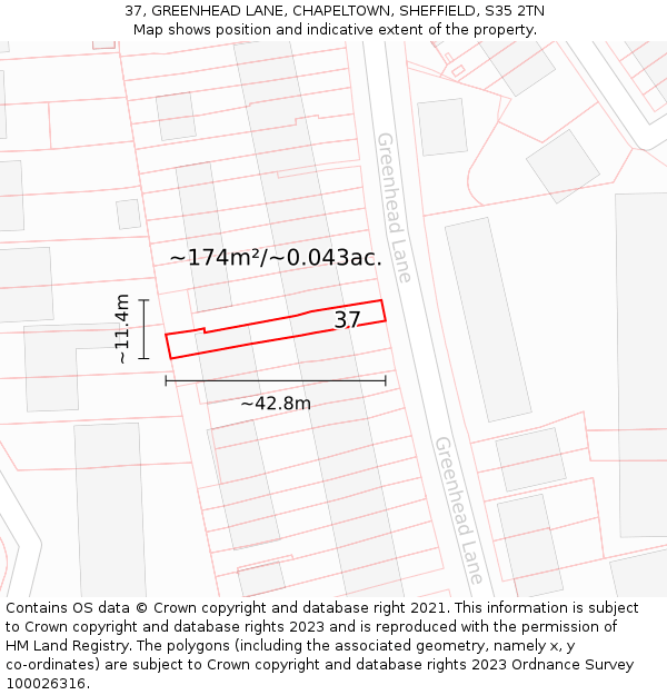 37, GREENHEAD LANE, CHAPELTOWN, SHEFFIELD, S35 2TN: Plot and title map