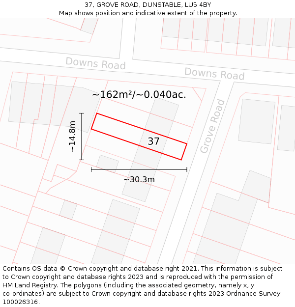 37, GROVE ROAD, DUNSTABLE, LU5 4BY: Plot and title map
