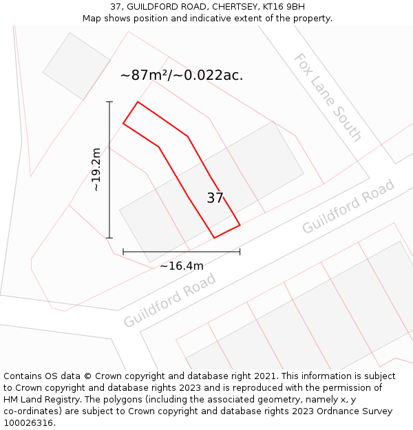 37, GUILDFORD ROAD, CHERTSEY, KT16 9BH: Plot and title map