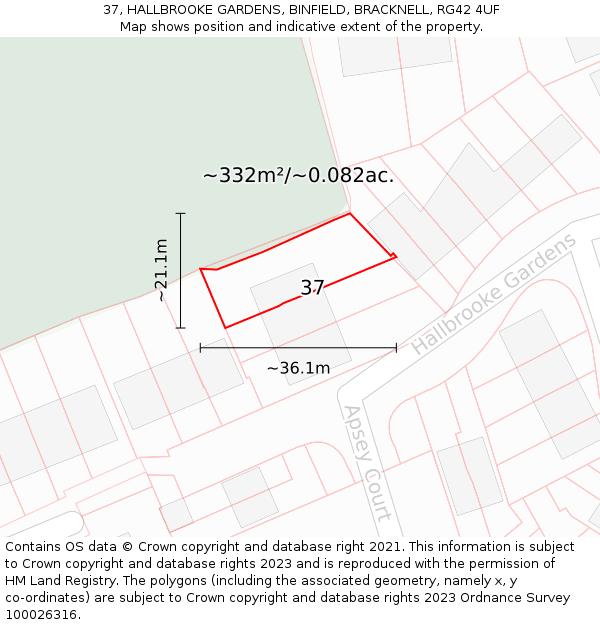 37, HALLBROOKE GARDENS, BINFIELD, BRACKNELL, RG42 4UF: Plot and title map