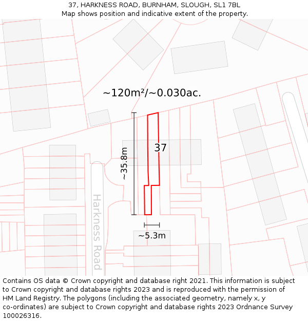 37, HARKNESS ROAD, BURNHAM, SLOUGH, SL1 7BL: Plot and title map
