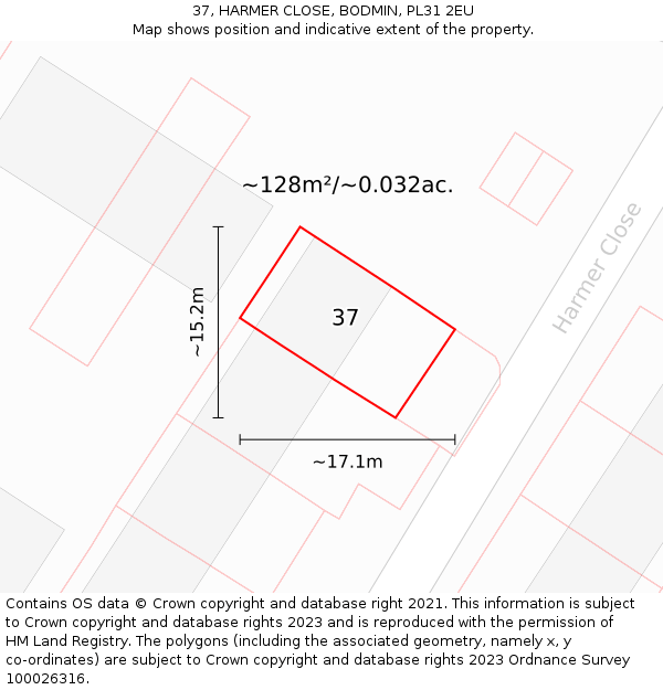 37, HARMER CLOSE, BODMIN, PL31 2EU: Plot and title map