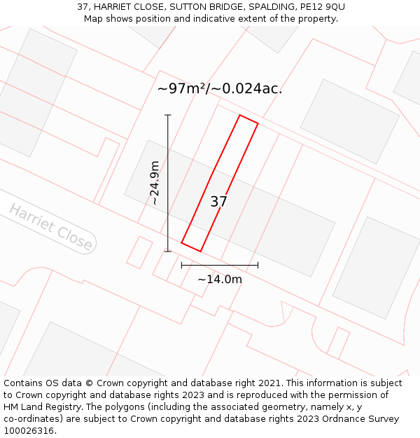 37, HARRIET CLOSE, SUTTON BRIDGE, SPALDING, PE12 9QU: Plot and title map
