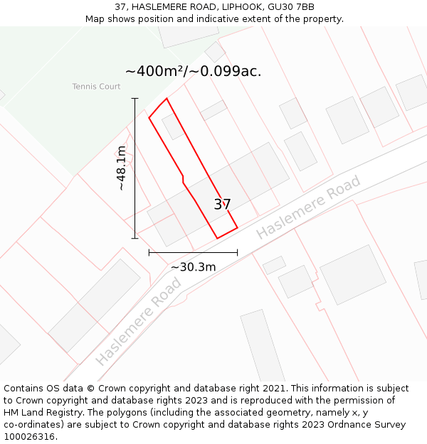 37, HASLEMERE ROAD, LIPHOOK, GU30 7BB: Plot and title map