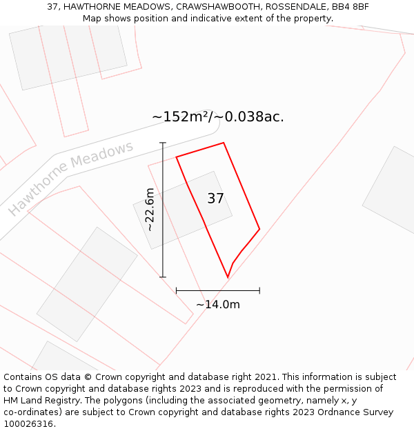 37, HAWTHORNE MEADOWS, CRAWSHAWBOOTH, ROSSENDALE, BB4 8BF: Plot and title map