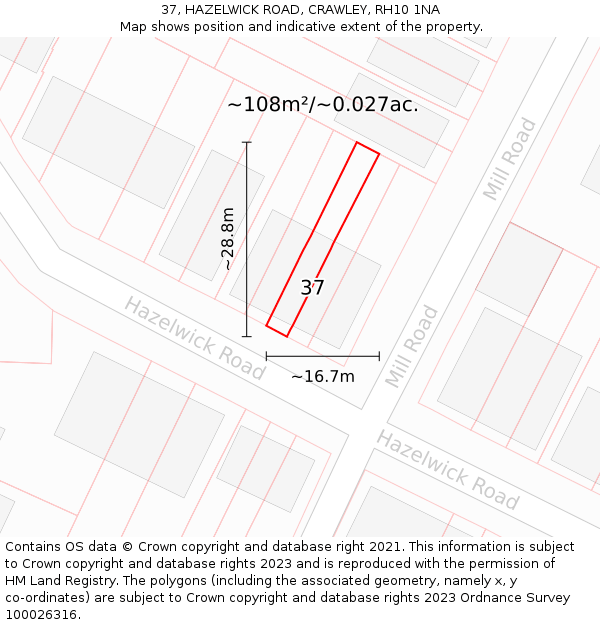 37, HAZELWICK ROAD, CRAWLEY, RH10 1NA: Plot and title map