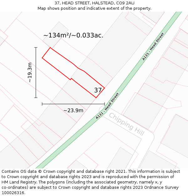 37, HEAD STREET, HALSTEAD, CO9 2AU: Plot and title map