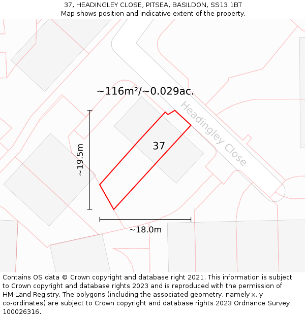 37, HEADINGLEY CLOSE, PITSEA, BASILDON, SS13 1BT: Plot and title map