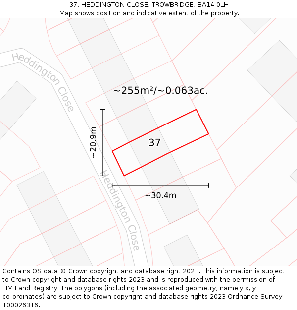 37, HEDDINGTON CLOSE, TROWBRIDGE, BA14 0LH: Plot and title map