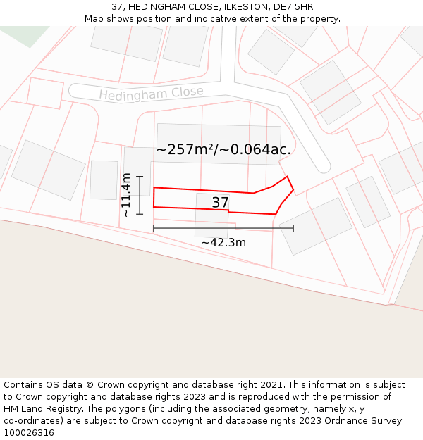 37, HEDINGHAM CLOSE, ILKESTON, DE7 5HR: Plot and title map