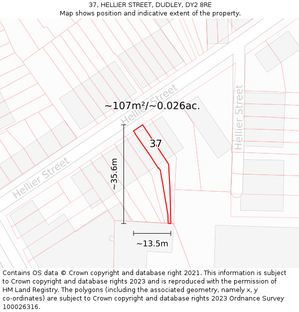 37, HELLIER STREET, DUDLEY, DY2 8RE: Plot and title map